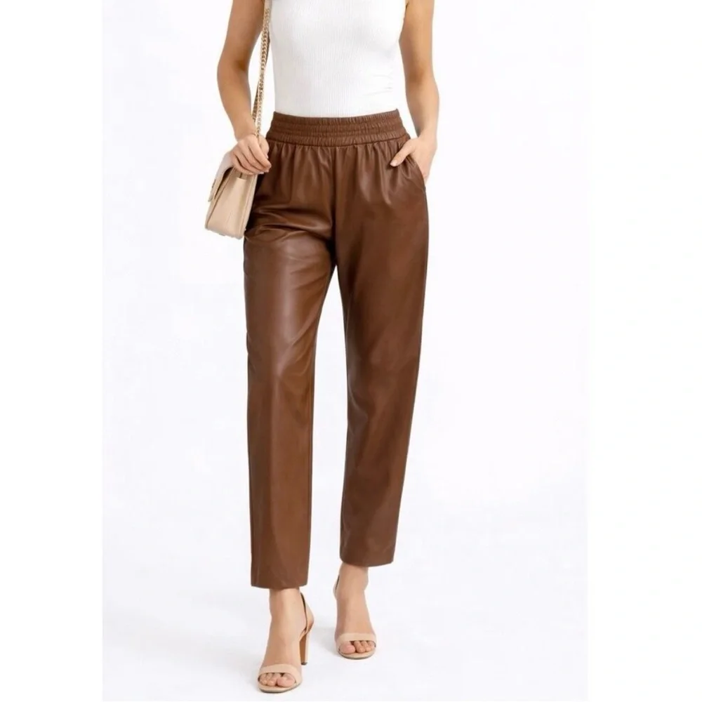 Maison D' Amelie Paris BY Anthropologie Sleek Cognac Trousers Faux Leather Pants - Picture 1 of 12